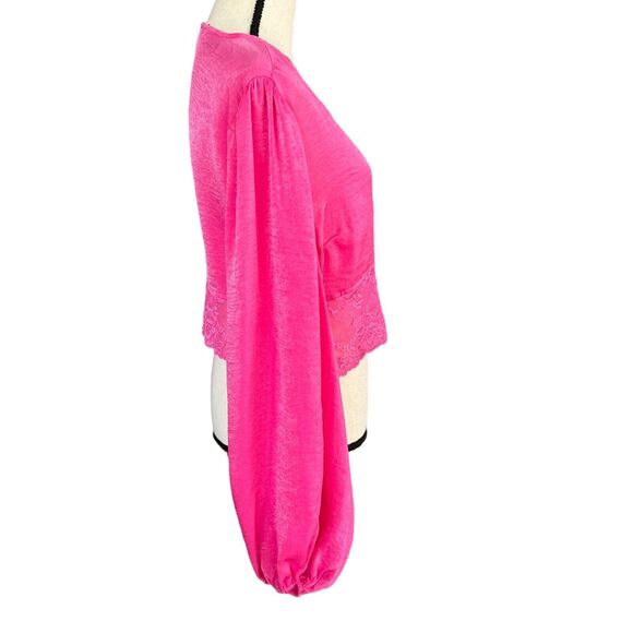 Bar III X-Large Cropped Top Long Balloon Sleeves Lace-Hem Button-Up V-Neck Pink - Picture 5 of 10